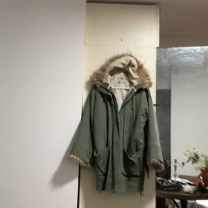 Olive Green Parka with Faux Fur Hood